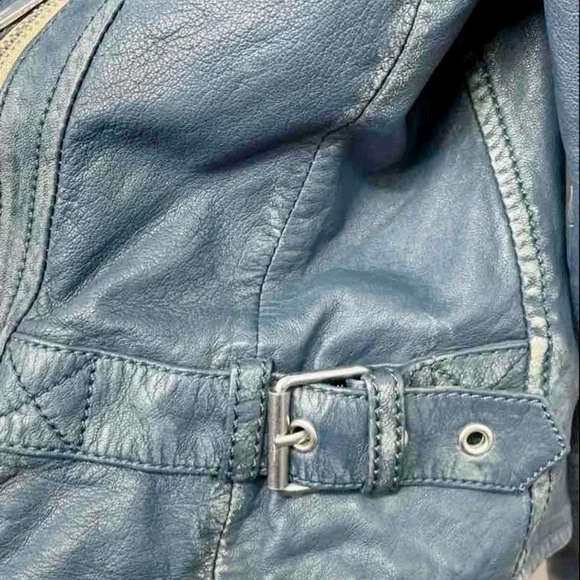Mauritius Teal Leather Moto Jacket Cropped Biker Gold Hardware Small - Picture 7 of 11